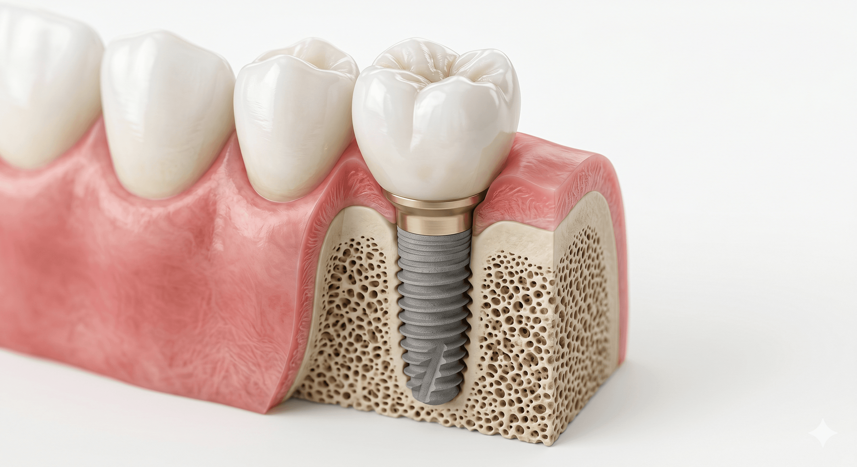 Dental implant model showing titanium post and porcelain crown replacement tooth